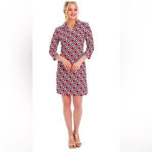 Elizabeth Mckay designer dress red white blue sheath midi dress EUC.